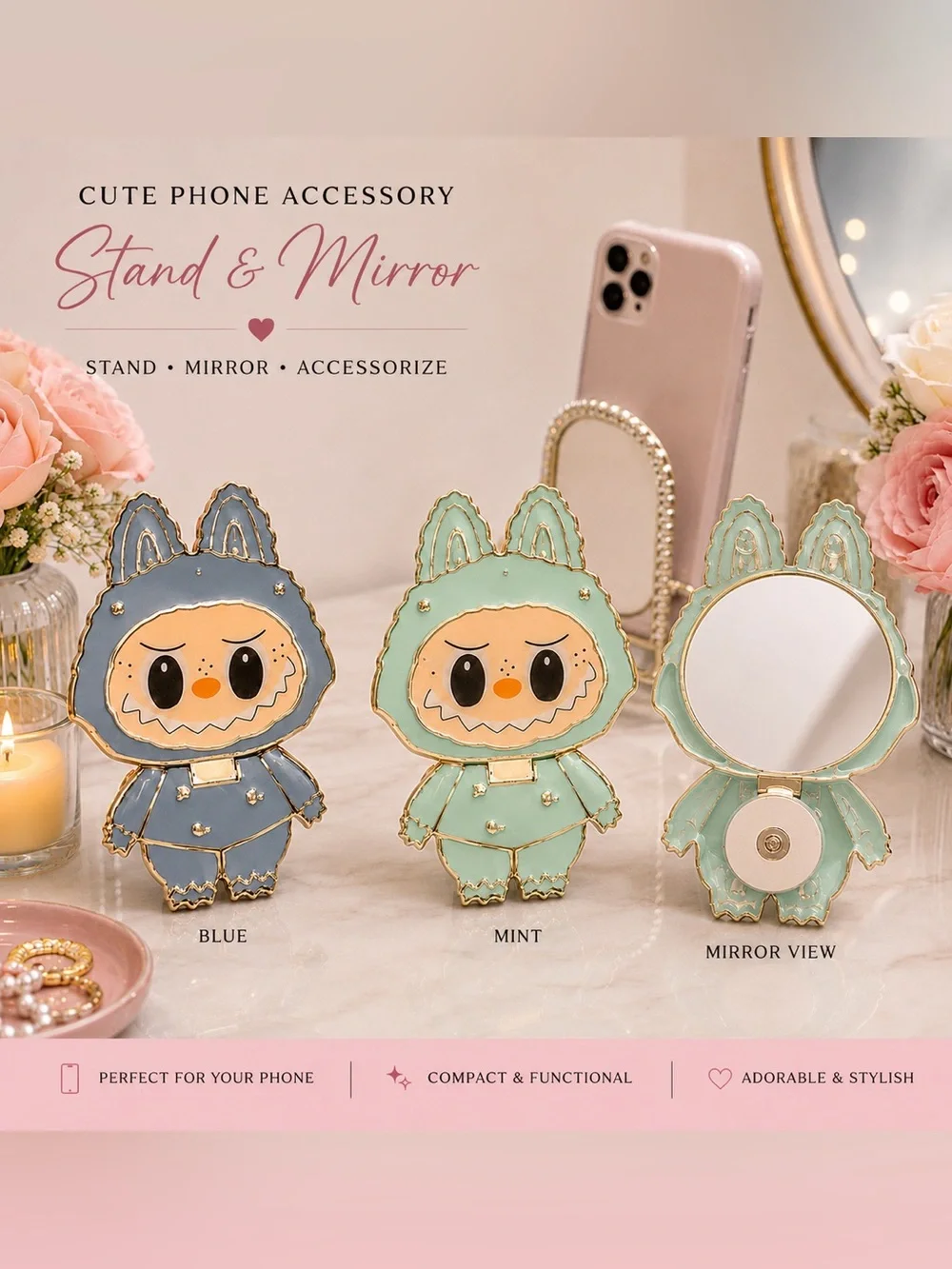 Cute Bunny Character Phone Stand & Mirror - two different colors available